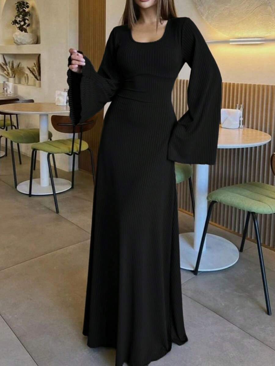 SuofeiMan 女士方领喇叭袖长袖连衣裙，优雅女士连衣裙，派对女士连衣裙，春夏派对连衣裙，修身腰部连衣裙，舒适面料，黑色 - 黑色 - 查看 1