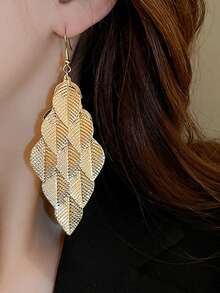 1 Pair Fashionable Vintage Hollow Leaf Tassel Pendant Earrings For Women, Suitable For Daily Casual, Party, Festival Wear, Holiday Gift - Gold - View 6