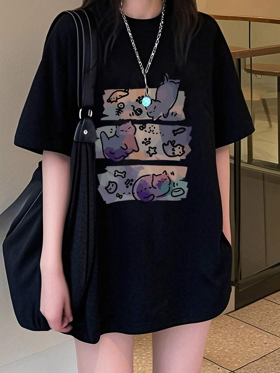 Japanese Style Women's Loose Casual Crew Neck Cartoon Cat Print Short Sleeve T-Shirt, Spring/Summer - Black - View 1