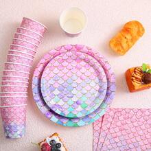 Pink Mermaid Scale Pattern Disposable Tableware Set, Including 7/9 Inch Paper Plates, Paper Cups, Paper Napkins, Suitable For Birthday Party, Holiday Party, Gathering, Celebration, Wedding Tea Party, Graduation Ceremony Disposable Party Supplies - Multicolor - View 4
