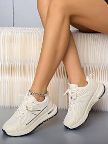 女士圆头系带厚底学生休闲舒适厚底运动鞋 - 白色 - 查看 6