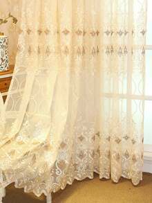 1pc European Style Embroidered Sheer Curtain, Suitable For Living Room, Balcony, Bedroom - Beige - View 3