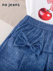 [Printed Effect, Non-Denim] Young Girl Casual Solid Color Knit Striped Letter & Fruit Print Short Sleeve Crew Neck Pullover Paired With Denim Effect Elastic Waist Symmetrical Bow Knit Skirt, Suitable For Daily, Home, Outdoor, Sports, Spring/Summer Girls Skirt Set - Blue and White - View 6