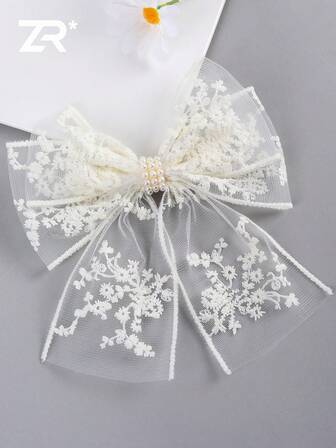 1 pieza Elegante clip de pelo con lazo de encaje de moda, adecuado para niñas y adolescentes, clip de pelo con estampado floral y decoración de perla con pinza de cocodrilo, barrette de pelo con estampado floral delicado, clip de pelo con lazo para fiesta, accesorio de pelo diario para mujer, pinzas de garra, pasador de pelo, barrettes de pelo