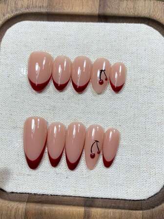 Cereja Francesa - Manicure Francesa Vermelha de Ano Novo, Feita à Mão, Simples, Lisonjeira, Estilo Ins de Alta Qualidade