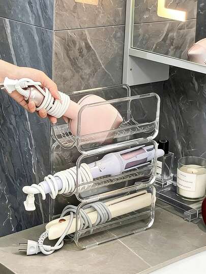 1/2个透明亚克力桌面收纳架，适用于浴室梳妆台，可收纳吹风机、卷发棒、美妆工具等。