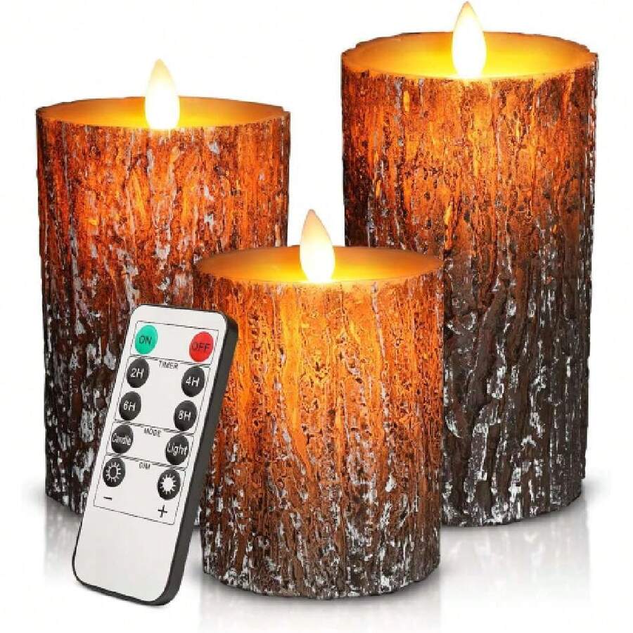 3 LED Velas Cónicas Sin Llama con Temporizador Remoto, Cubierta de Corteza de Pino, Efecto Abedul, Cera Auténtica, Funciona con Pilas, para Mesa, Bodas, Fiestas de Cumpleaños, Decoración,36772361 - Amarillo - Ver 1