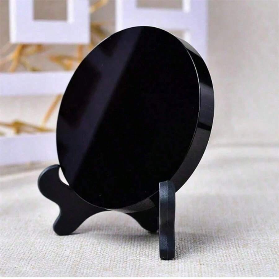1Set Polishing Crystal Black Obsidian Divination Mirror Scrying Crystal Ornament Reiki Healing Gemstone Quartz Stone Plates Gorgeous Black Mirrors Yoga Meditation,No Bracket Provided For 5cm - Black - View 1