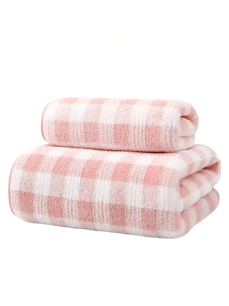 2pcs/Set Soft & Absorbent Plaid Coral Fleece Baby Towel & Bath Towel Set, Family Pack - Pink - View 1