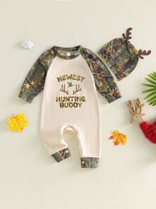 Conjunto para bebé niño, nuevo mono de manga larga con estampado de hojas y ramas, ropa de primavera para recién nacido, sombrero - Verde militar - Ver 6