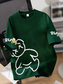 1 Piece X-Eye Bear Teen T-Shirt For Boys, "BEAR COOL" Slogan Top, Spring & Summer School Daily Wear - Dark Green - View 1