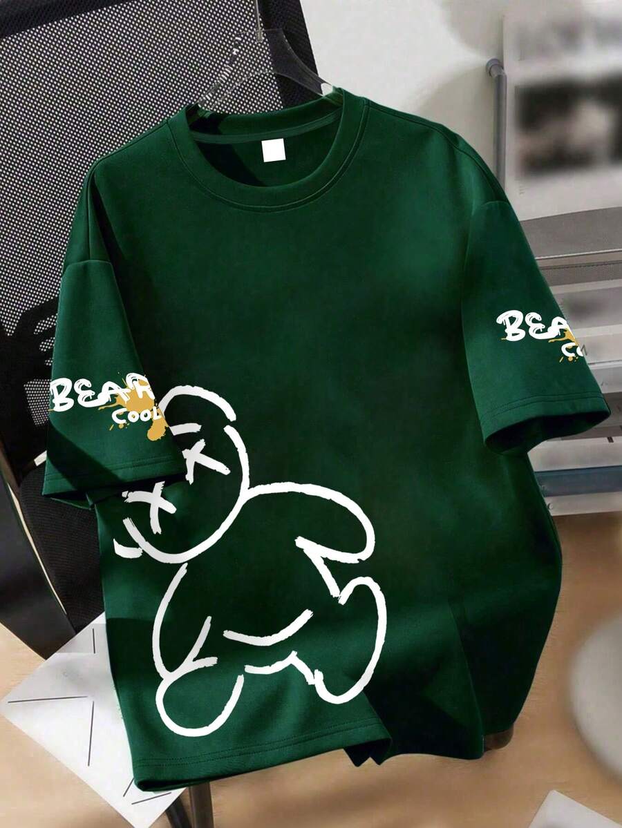 1 Piece X-Eye Bear Teen T-Shirt For Boys, "BEAR COOL" Slogan Top, Spring & Summer School Daily Wear - Dark Green - View 1