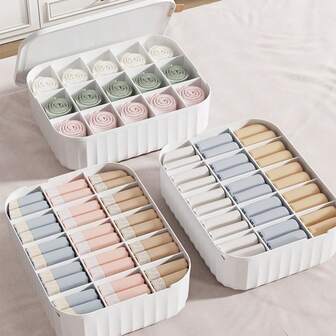 1个塑料分隔式内衣袜收纳盒，15格抽屉式收纳盒带盖，衣柜收纳盒，卧室配件，衣柜配件，用于存放内衣、袜子、手帕、领带、腰带、围巾等，家居收纳，桌面收纳，抽屉收纳，衣柜收纳