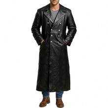 Men's Double-Breasted Black Leather Trench Coat - Vintage German Classic Military Officer Uniform Long Jacket - Black - View 7