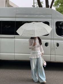 1pc Cute Foldable White Japanese Style Automatic Umbrella, Large Size, Fashionable For Men And Women, Great For Photo Shooting - Multicolor - View 2