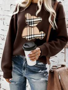 Plaid Cute Bear Graphic Pullover Sweatshirt, Women Casual Round Neck Long Sleeve High Quality Fleece Sweatshirt