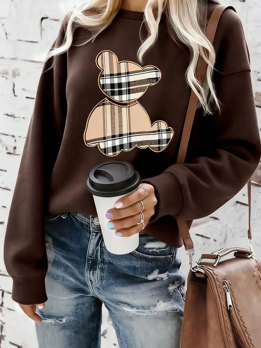 Plaid Cute Bear Graphic Pullover Sweatshirt, Women Casual Round Neck Long Sleeve High Quality Fleece Sweatshirt