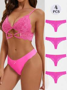 4pcs Women's Low Waist High Elasticity Seamless Panties, Fuchsia Wavy Edge Thong - Hot Pink - View 1