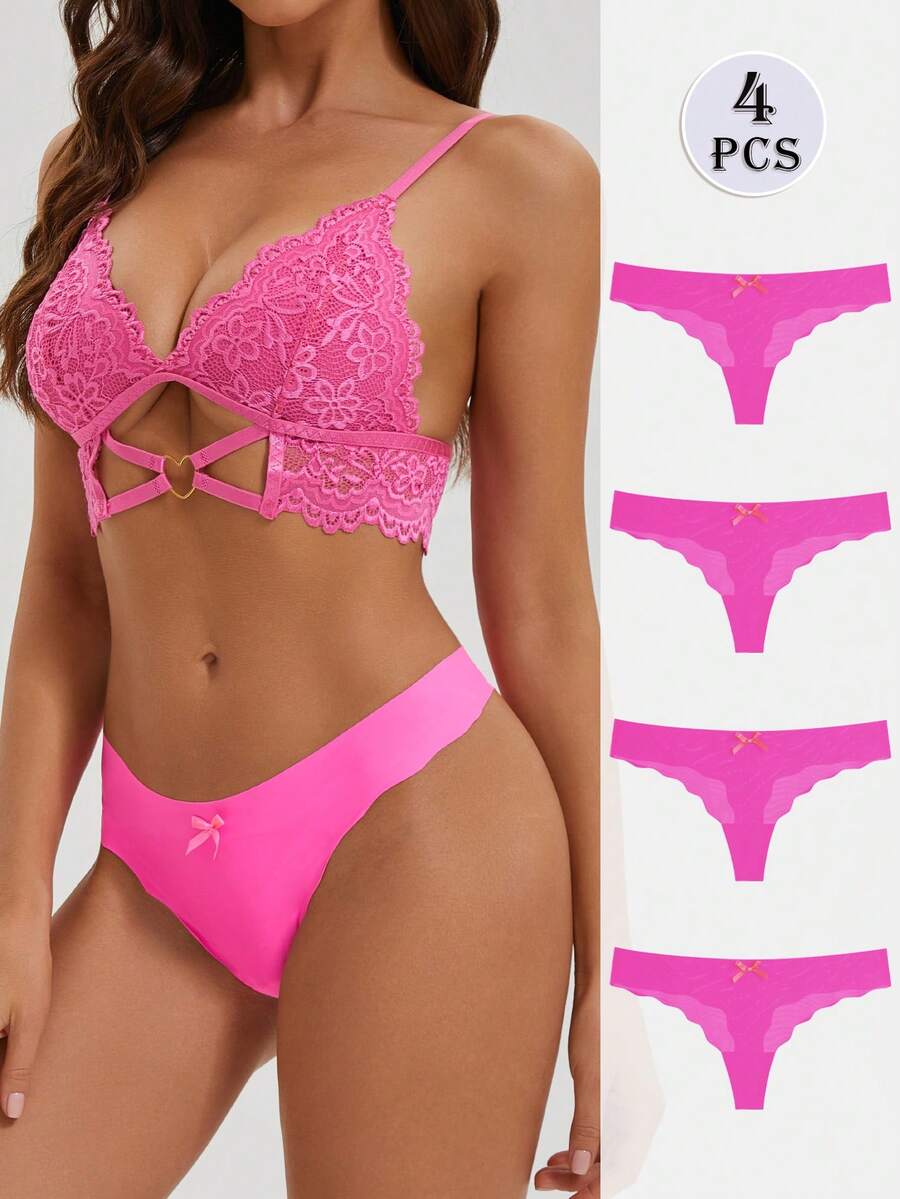 4pcs Women's Low Waist High Elasticity Seamless Panties, Fuchsia Wavy Edge Thong - Hot Pink - View 1