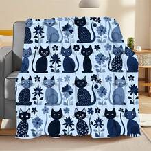 1pc Flannel Soft & Cozy Throw Blanket, Light Blue Base With Handpainted Cartoon Cats & Floral Pattern (Includes Cute Cartoon Cats In Light And Dark Blue, Decorative Floral Patterns, Creating A Fresh And Gentle Atmosphere), Ideal For Bedroom, Sofa Decor, Cartoon Cat Lover Gift - Multicolor - View 5