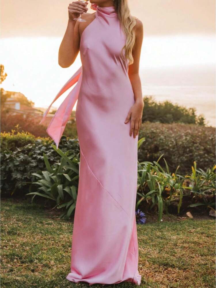 Women Y2k Satin Maxi Dress Elegant Mock Neck Halter Dress Sleeveless Open Back Extra Length Cocktail Dress Wedding Guest Dress Graduation Long Dress Birthday Party Dress