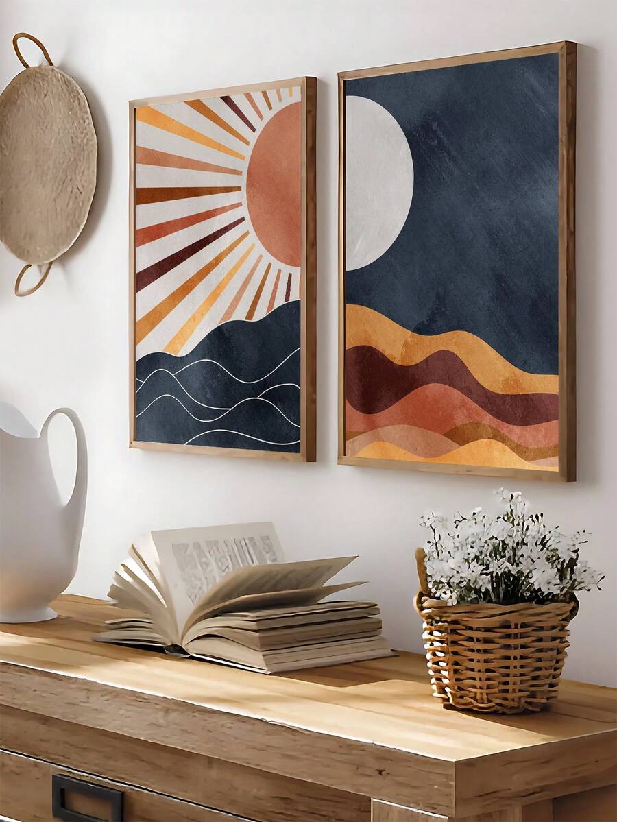 Sun And Moon Print Set Of 2, Boho Mid Century Modern Sunset Poster, Bohemian Gallery Artwork, Neutral Wall Art, Celestial Sun And Moon Prints, Boho Eclectic Home Decor, Aesthetic Room Decor, Festival Gifts,Bedroom Decor, Living Room Decor, Office Decor, Kitchen Decor, Wall Arts, Wall Decor, Home Decor, Room Decor, Canvas Wall Art, Posters, Frameless - Multicolor - View 1