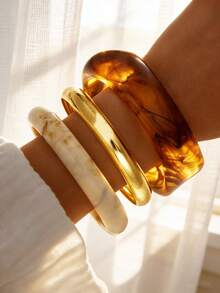 3 peças/1 peça Pulseiras Vintage Elegantes Banhadas a Ouro com Falso Mármore Empilhadas, Conjunto de Pulseiras de Resina Minimalista Personalizado de Alta Qualidade Tie Dye Dopamina Y2K Larga, Adequado para Mulheres, Homens, Casais, Férias, Festa, Encontros, Uso Diário, Presente de Aniversário - Multicolorido - Visão 11