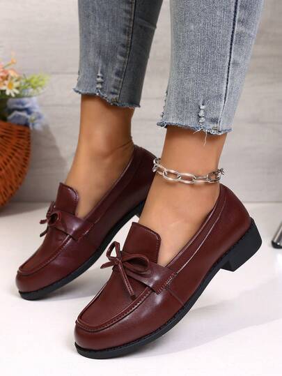 Women's Lace-Up Bow Round Toe Casual Fashion Loafers, Low Heel, Comfortable Office Preppy Retro Shoes