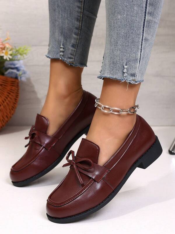 Damen Schnür-Schleife Runde Zehe Lässig Mode Loafer, Niedriger Absatz, Bequeme Büro Preppy Retro Schuhe