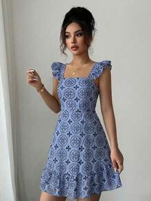 Women's Casual And Charming A-Line Short Dress With A Square Neckline, Embroidery, And A Ruffled Hem. - Màu xanh lam - Xem 3