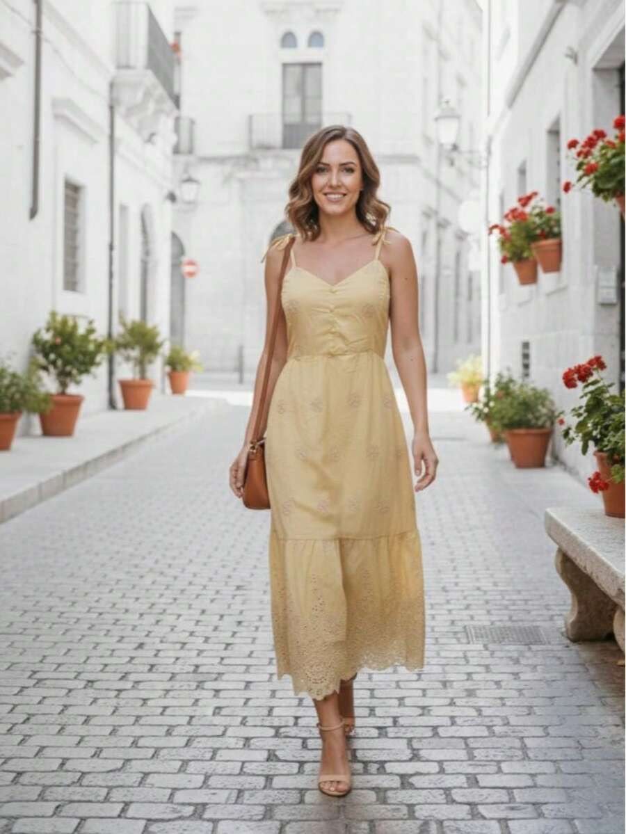 Women's Midi Dress With Tie Straps In Lace. - Mustard Yellow - View 1