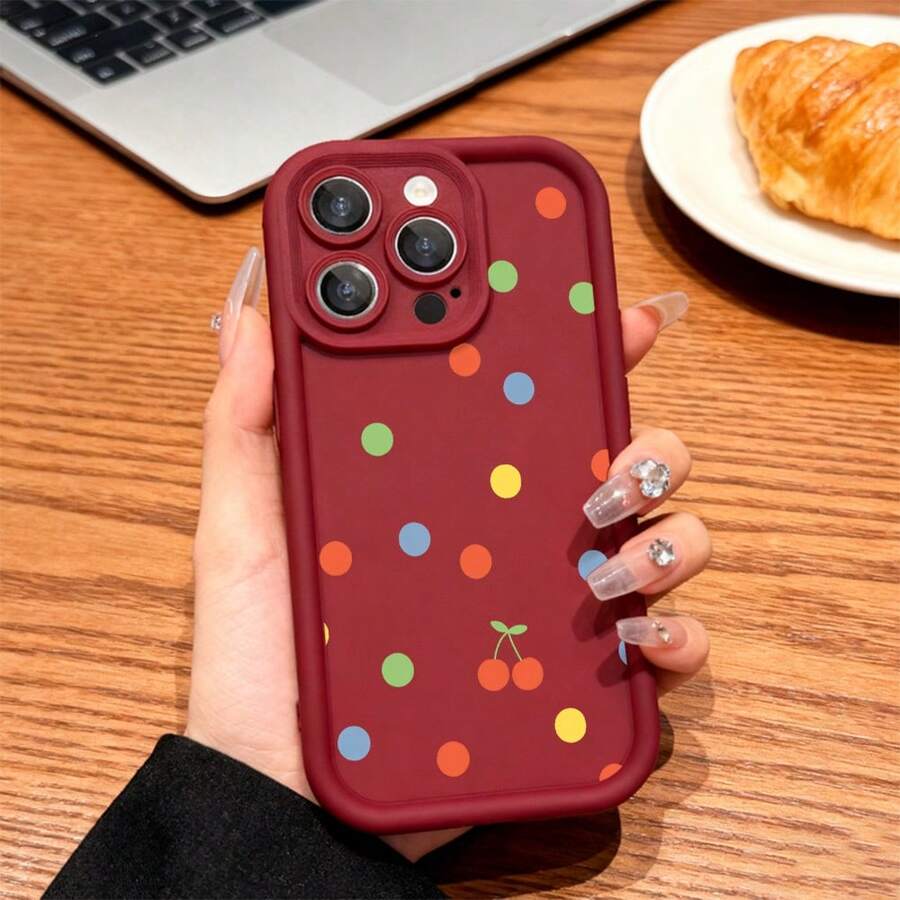 Funda de Teléfono de Cerezas, Estilo Abstracto, for compatible with iPhone 17/17pro/17promax/17Air/iphone16/16pro/16plus/16promax/15/15promax/15pro/11/12/13/14promax/12mini/13mini/11pro/11promax/12pro/12promax/13pro/13promax/14pro/14promax, Regalo de Diseño de Lunares y Cerezas Abstractas, Obsequio de Frutas Divertidas para Amigos, Accesorio de Moda Casual con Fondo Negro, Regalo Único de Diseño Artístico. - Burdeos - Ver 1
