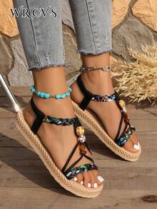 WRCVS Dép xăng đan màu đen, Dép xăng đan đế bằng dành cho nữ, Dệt, Nhẹ, Chống trượt, Giày đi biển, Đế dây gai dầu giả, Họa tiết hoa ngẫu nhiên, Phong cách Bohemian, Mũi tròn, Dép xăng đan dành cho học sinh - màu đen - Xem 6
