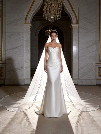 1 pieza Velo de novia de encaje largo con diseño de hojas de lujo, elegante y de alta gama, adecuado para vestido de novia de catedral