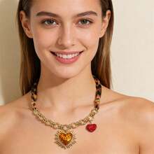 Collar con estampado de leopardo para mujer, colgante de corazón/sol, accesorios de joyería personalizados. - Multicolor - Ver 1