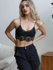 Crochet Lace Longline Bralette - Vintage Detail - 黑色 - 查看 5