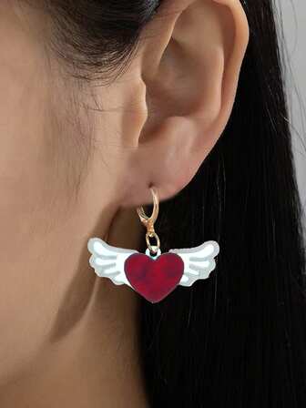 A Pair Of Cute Acrylic Red Wing Heart Earrings - Women's Fashion Jewelry, Romantic Freedom Heart + Wings Combination, For Valentine's Day, Dates, Bestie Gatherings, Campus Style Outfits