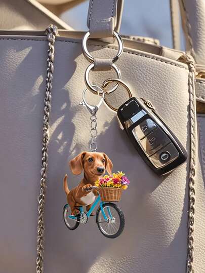 2d Flat, 1pc Cute Cycling Dachshund 2d Flat Acrylic Keychain, Suitable For Bag And Car Key Decoration, Ideal Holiday Gift, Durable And Lightweight, Suitable For Car Keychain, Phone Keychain, Backpack And Wallet Keychain Decoration, Holiday Party Decoration
