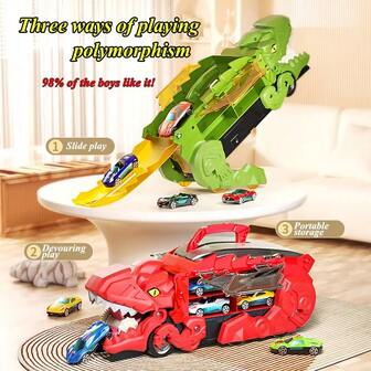 Juego de 3 en 1 de coche de juguete con dinosaurio - Camión de almacenamiento de pista transformable de dinosaurio, adecuado para el juego interactivo de niños, 98% de los niños lo aman, transformable, portátil, regalo educativo de juguete