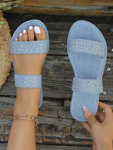 2026 New Arrival Plus Size Roman Style Casual Slide Sandals, Fashion Round Toe Strap Rhinestone Flat Slippers - Blue - View 1