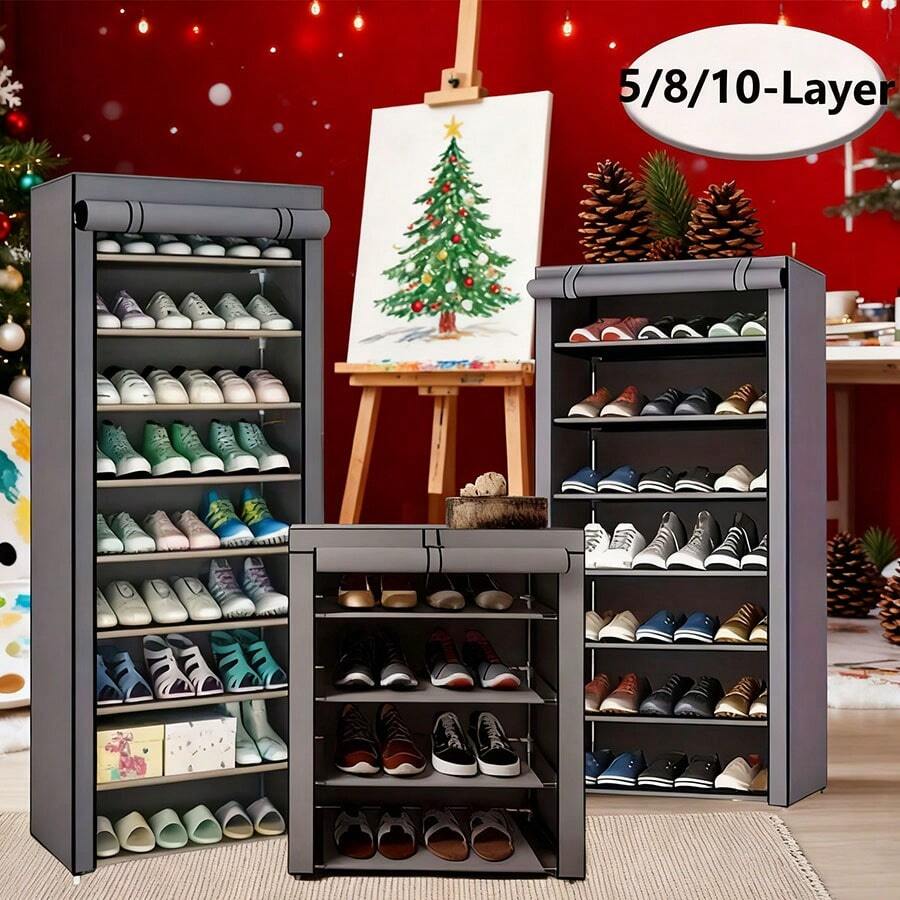 5/8/10-Layer Non-Woven Shoe Rack, Easy-To-Assemble Portable Shoe Cabinet With Dust Cover, Suitable For Entryways, Sneakers, High Heels And Boots, Etc., Practical Halloween/Christmas Gift - Xám - Xem 1