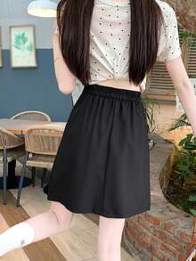 Unique Design High Waist Pleated Mini Skirt, School Style Thigh-Length Skirt For Women - Black - View 5