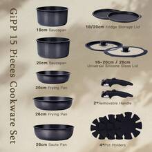 GIPP Multi-Functional Non-Stick Cookware Set: Healthy Kitchen New Choice, Detachable Handle For Easy Storage!(Gary 3/5/11/15pcs) - Black - View 3