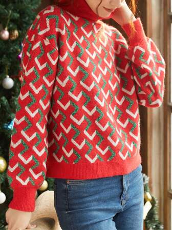 Knit Mix Geo Pattern Drop Shoulder Sweater