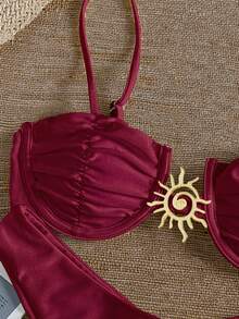 Bikinx Sexy Metallic Jewelry Solid Color Bikini Women Swimsuit Set For Summer Beach Vacation - 紅色 - 查看 5