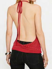 Top Halter para Mujer con Tachas Escote Cowl Espalda Descubierta Blusa Ajustada de Verano - Rojo - Ver 6