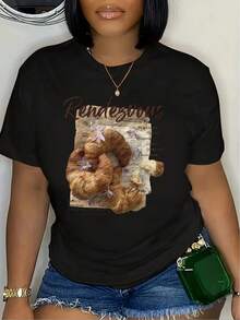 Camiseta con estampado de croissant y flores estilo vintage casual para mujer ideal para el día a día con detalles elegantes 220g - Negro - Ver 1