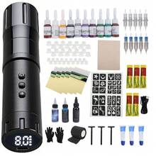 Kit de máquina de tatuaje inalámbrica recargable con LED para artistas principiantes, kit de máquina de tatuaje inalámbrica con recorrido de 3 mm, 12 V, 10 000 rpm, kit de bolígrafo de tatuaje con cartucho recargable con pantalla LED, papel de transferencia y piel de práctica. Incluye un bolígrafo de tatuaje, 10 tintas de colores, cartuchos, papel de transferencia y otros accesorios esenciales. - Negro - Ver 2