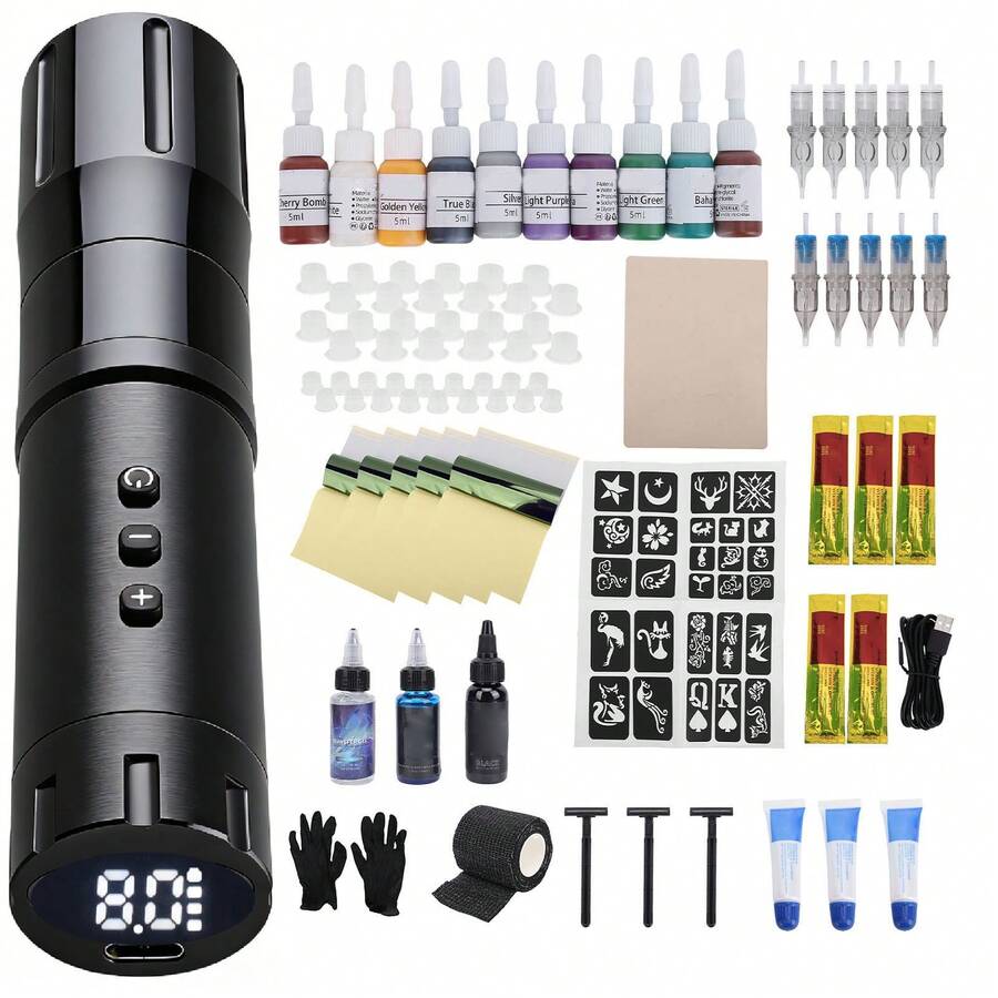 Kit de máquina de tatuaje inalámbrica recargable con LED para artistas principiantes, kit de máquina de tatuaje inalámbrica con recorrido de 3 mm, 12 V, 10 000 rpm, kit de bolígrafo de tatuaje con cartucho recargable con pantalla LED, papel de transferencia y piel de práctica. Incluye un bolígrafo de tatuaje, 10 tintas de colores, cartuchos, papel de transferencia y otros accesorios esenciales.