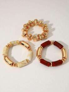 3pcs Vintage Multi-Layer Brown Acrylic Beaded Bracelet, Transformable Gold Bracelet,Vintage Boho Thick Multi-Layer Acrylic Beaded Bracelet, For Women, Couples, Party, Daily Wear,This Versatile Set Seamlessly Transitions From Casual Daily Outfits To Glamorous Party Ensembles, Adding A Touch Of Timeless Sophistication To Every Moment,Couples Gift For Holidays - 彩色 - 查看 3